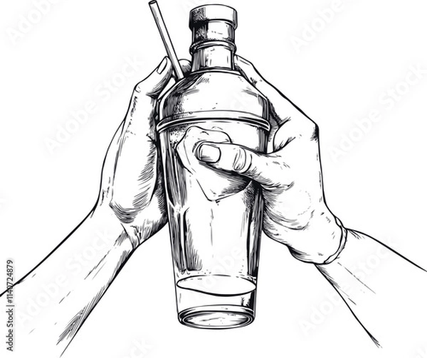 Obraz Isolated hands holding a cocktail shaker, in line art style