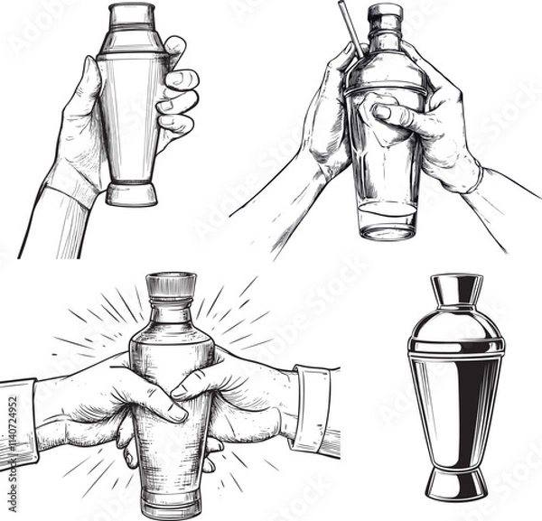 Obraz Isolated hands holding a cocktail shaker, in line art style