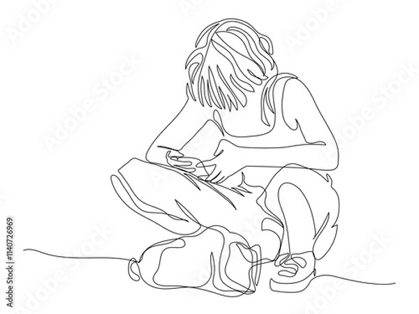 Fototapeta Young woman squatting and using phone. Put bag on ground. Continuous line drawing. Black and white vector illustration in line art style.