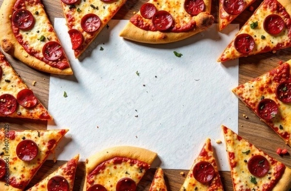 Obraz frame for text made from slices of pizza, white piece of paper on wood table background