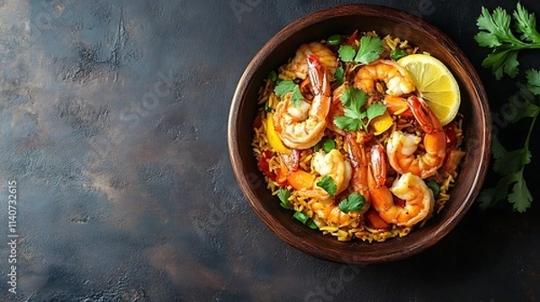 Obraz Machboos prawns biryani rice with lemon slice served in dish isolated on table top view of breakfast