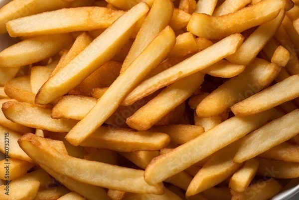 Fototapeta Close-up of golden, crispy French fries in a white bowl, with a simple, blank background. The fries are neatly arranged, showcasing their texture and color.