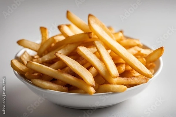 Fototapeta Close-up of golden, crispy French fries in a white bowl, with a simple, blank background. The fries are neatly arranged, showcasing their texture and color.