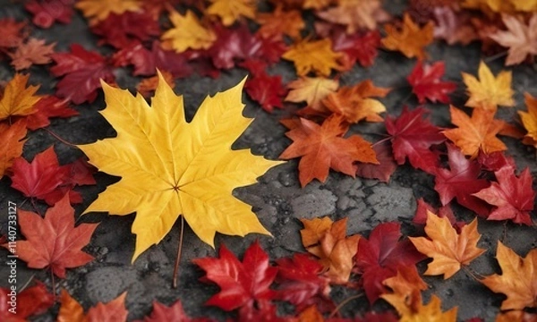 Fototapeta A bright yellow maple leaf resting on a patch of vibrant orange and red leaves, fall colors, leaf details
