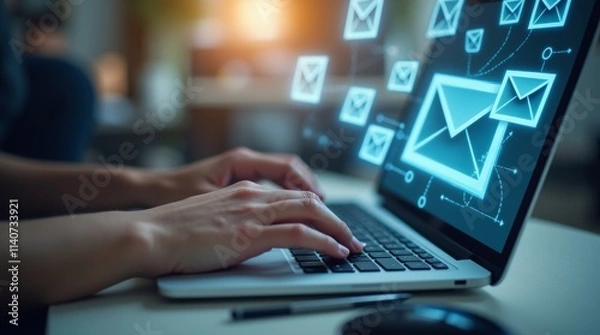 Fototapeta Hands are typing rapidly on a laptop while email icons and flying envelopes illustrate fast online communication in a digital workspace