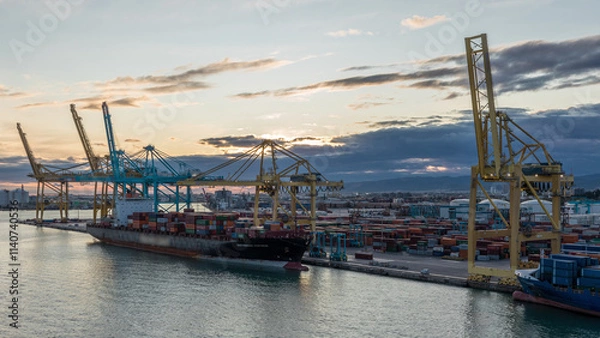 Fototapeta Aerial view of the sea cargo port and container terminal of Barcelona timelapse, Barcelona, Catalonia, Spain.