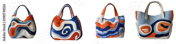 Fototapeta Set of A handmade knitted bag with an abstract design in earthy colors, including orange and blue, on the front of it, isolated, PNG format Background