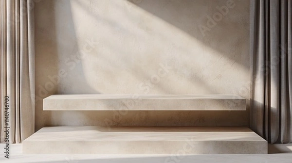 Obraz Minimalist beige display with soft curtains creating a serene and elegant atmosphere.