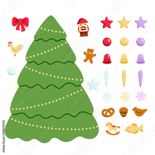 Fototapeta Christmas Icons Set, Flat Holiday Decorations Constructor. Vector illustration on white background.