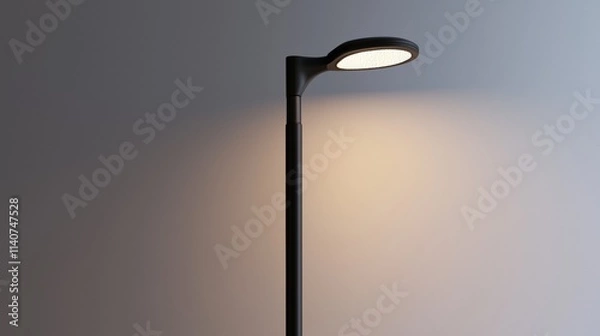 Fototapeta Modern floor lamp emits warm light in minimalistic interior setting with clean lines and soft colors