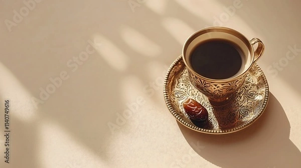 Obraz A cup of Turkish coffee served in an intricately patterned copper cup, dates on a small brass plate, minimalist arrangement on a muted beige background. top down