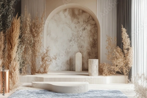 Fototapeta Elegant Minimalist Room Setup with Wooden Platforms and Dried Flowers. 3D Renderer Digital Backdrop.