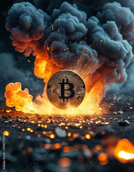 Obraz Crypto currency market, gold bitcoin in front of a cinematic explosion, crypto boom, digital investment, finance, crypto, bitcoin hype, market boom, high bitcoin price, all time high, market peak