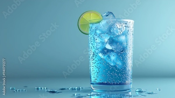 Fototapeta Conceptual image blue soda sparkling fizzy drink with lime and ice cubes in dewy glass, blue cold background