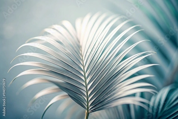 Fototapeta Tilt-Shift Miniature Palm Leaf Illustration: Light Gray & White Generative AI Art