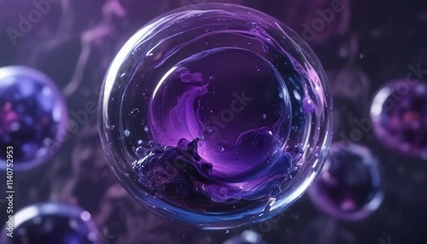 Fototapeta Deep blues and purples blend with serum oil bubble textures in an abstract atmosphere, dreamlikequality, softfocus