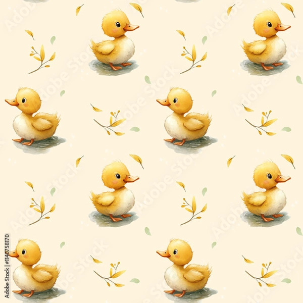 Fototapeta Seamless pattern with ducks. Seamless minimalistic pattern with cute ducks. Modern watercolor print for newborn design, children's wallpaper, bed linen, sleepsuits, etc.