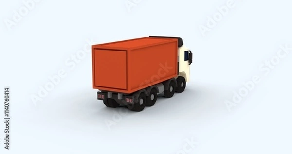 Fototapeta Stylized 3D render container cargo truck low poly design with cartoon-like textures. Perfect logistics transportation creative content visuals. Set against clean light background right back view