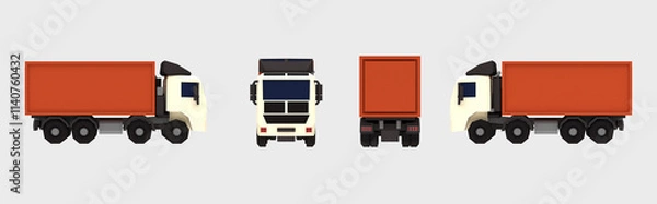 Fototapeta Stylized 3D render of a container cargo truck displayed from four different angles in low poly design with cartoon-like textures. Ideal for logistics, transportation visuals, and creative advertising