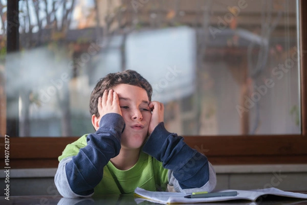 Obraz Little boy at home sitting at the table tired doing his homework by himself. Holding head by hand and looking sad.	