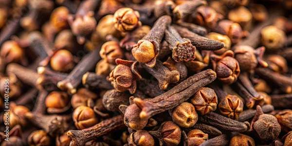 Fototapeta A close-up view reveals cloves piled together, showcasing their dark brown hues and distinctive shapes, highlighting their aromatic appeal for cooking and baking