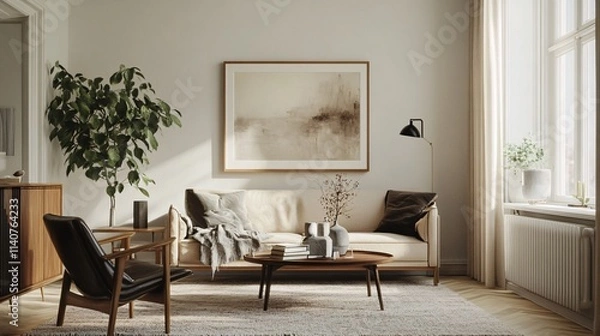 Fototapeta A cozy living room featuring a modern beige sofa and minimalist decor, creating a serene and inviting atmosphere.