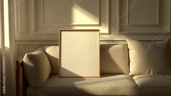 Fototapeta A minimalist empty frame on a cozy beige sofa, illuminated by soft afternoon light in a stylish room.