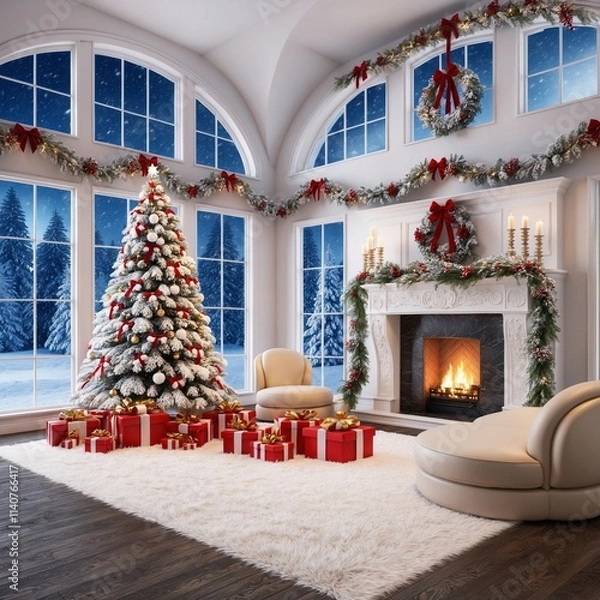 Obraz christmas tree with fireplace