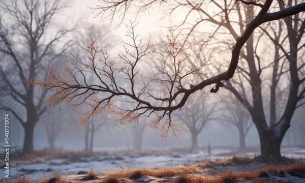 Fototapeta Frosty morning scene featuring a bare tree branch , tree, wintry