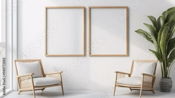 Fototapeta Modern minimalist living space featuring two empty frames and cozy rattan chairs.