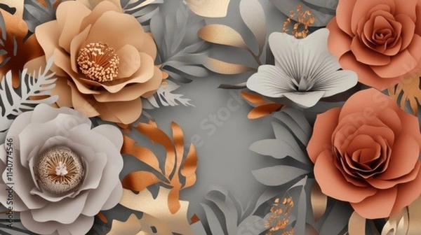 Obraz Stunning 3D Paper Flowers in Grey and Gold Tones - A Breathtaking Floral Arrangement