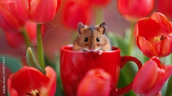 Fototapeta Harvest mouse in a red tulip cup