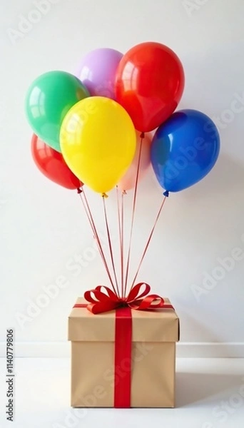 Fototapeta Gift box filled with multi-colored balloons and ribbons on white surface, holidays, gift, balloons