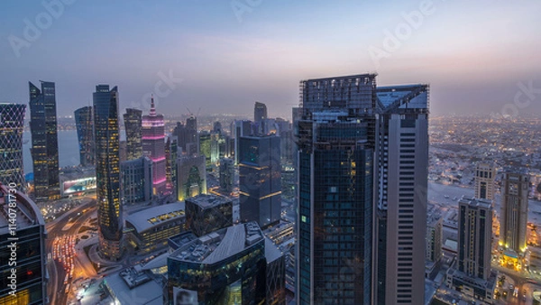 Fototapeta The skyline of the West Bay area from top in Doha day to night timelapse, Qatar.