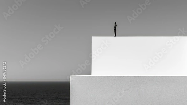 Fototapeta A solitary figure stands on a stark white ledge above a serene ocean, creating a striking contrast in this minimalist black and white composition.