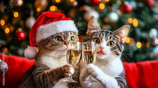 Fototapeta Two cute cats in Christmas hats next to a glass of champagne in the background of Christmas decorations. Fluffy cats with cozy Christmas lights in the background.