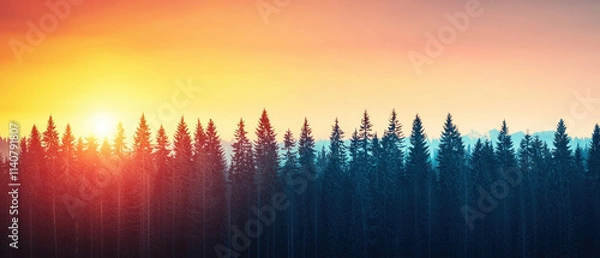 Fototapeta A stunning sunset illuminating a dense tree line with vibrant colors.