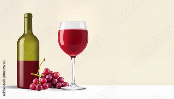 Fototapeta Glass of red wine with grapes and wine bottle on light background