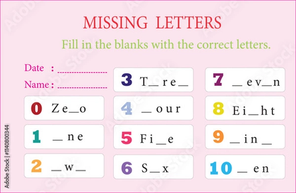Fototapeta Educational game for kids. Missing letters  worksheet. Numbers for kids. Writing practice activity for kindergarten.