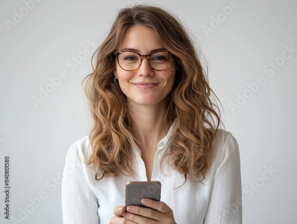 Fototapeta Femme de 20 ans avec une chemise regarde en souriant son smartphone, fond blanc, personnage pour publicité, site web, démo d'application ou de logiciel