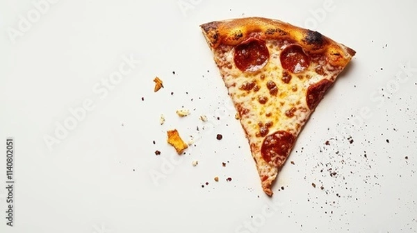 Fototapeta Slice of Pizza with Crumbs on White Background