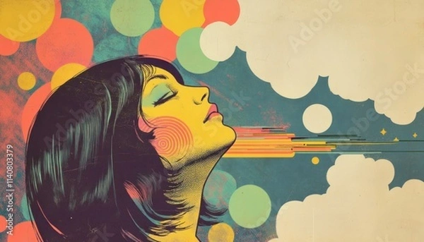 Obraz A woman with long dark hair with closed eyes, looking upwards, and a textured background of circles and clouds.