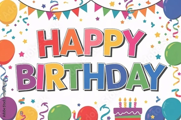 Fototapeta A colorful birthday banner with balloons and stars. The banner says "Happy Birthday" in a fun and colorful font