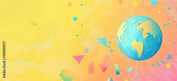 Fototapeta Colorful Earth illustration with geometric shapes, vibrant background, abstract design, bright colors, artistic representation of planet, copy space for text