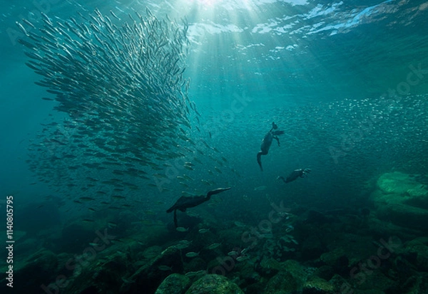 Fototapeta Eye level with a Cormorant (Phalacrocoracidae) hunting in huge shoal of Sardines (Sardina pilchardus).