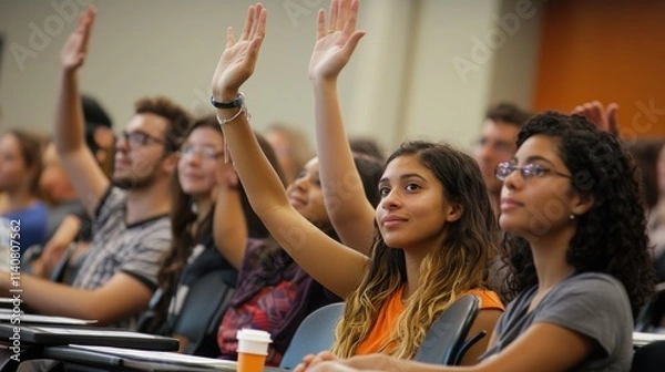 Fototapeta A dynamic image of diverse college students raising their hands during a class discussion, emphasizing engagement and participation