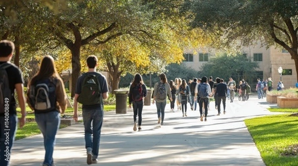 Fototapeta A focused image of a group of college students walking to class, emphasizing the hustle and bustle of campus life