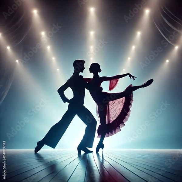 Fototapeta scenic view of a silhouette of a couple performing a dance pose