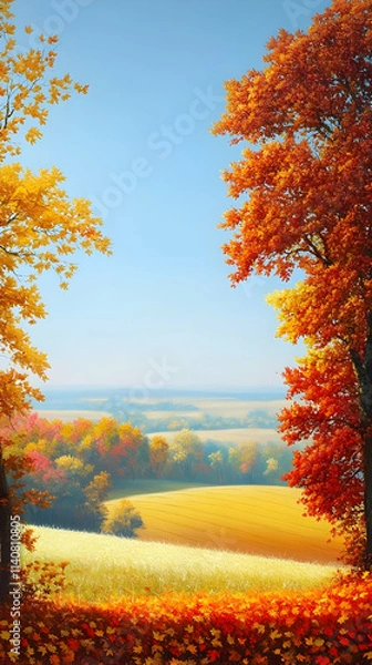 Obraz A serene autumn landscape with vibrant trees and rolling fields under a clear blue sky.
