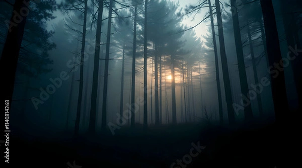 Obraz A photorealistic image of a dense fog enveloping a serene pine forest at dawn. The silhouettes of tall trees fade into the mist, with subtle rays of light piercing through the canopy. 